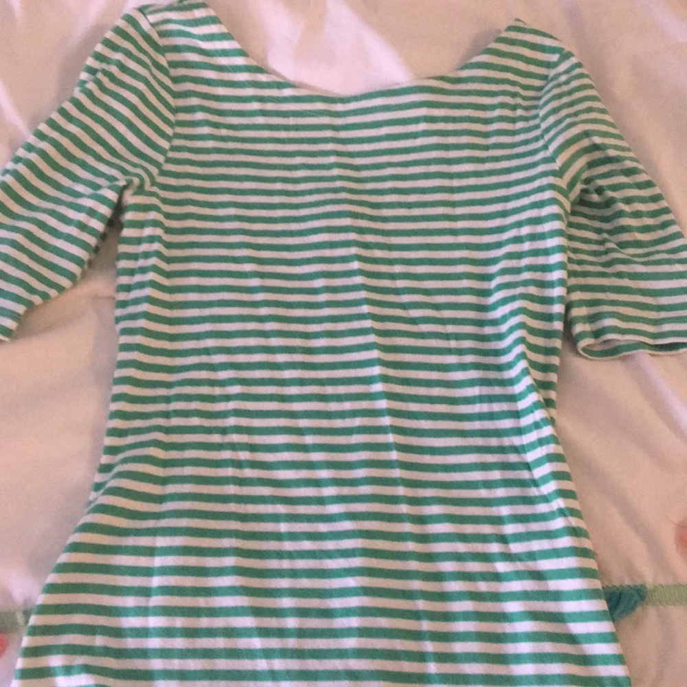 Boat neck/scoop back 3/4 length striped shirt